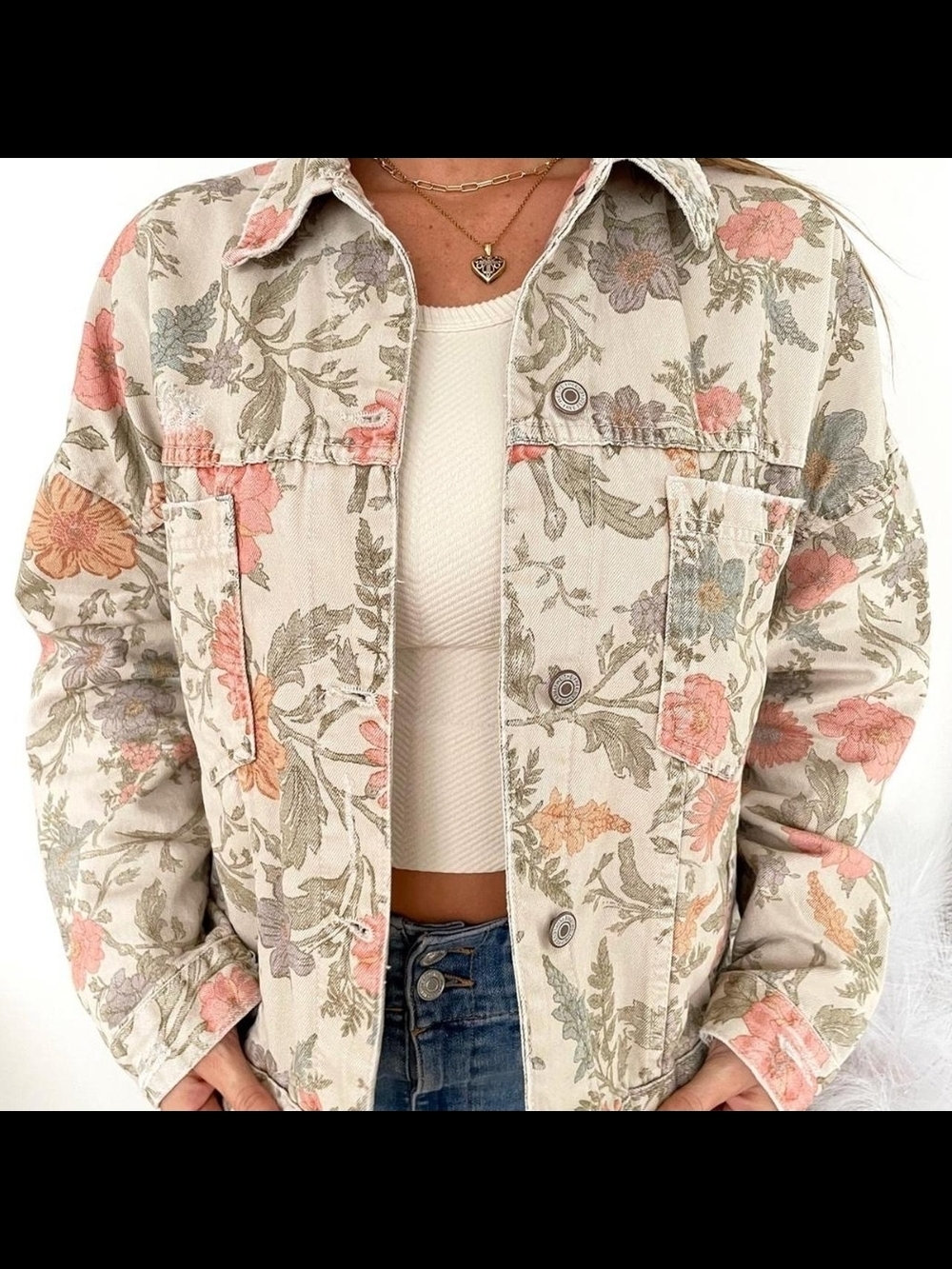 Free People Opal Swing Jacket With Cream, Coral & Sage Floral Pattern
